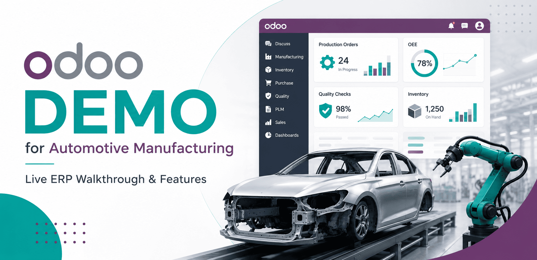 Odoo ERP demo for automotive manufacturing with production dashboard and assembly line