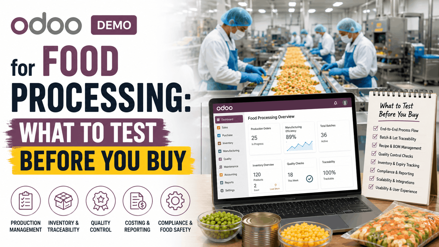 Odoo demo for food processing showing production management, inventory and traceability, quality control, costing, compliance, and key features to test before buying.