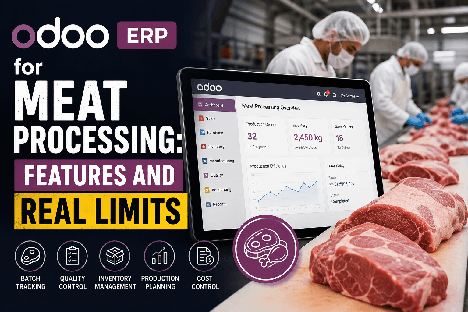 Odoo ERP for meat processing featuring inventory, production planning, batch tracking, quality control, and cost management.